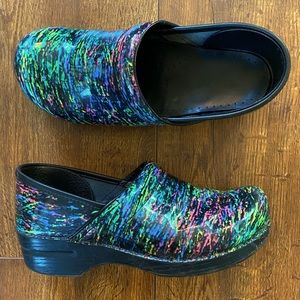 Dansko clogs neon splatter
